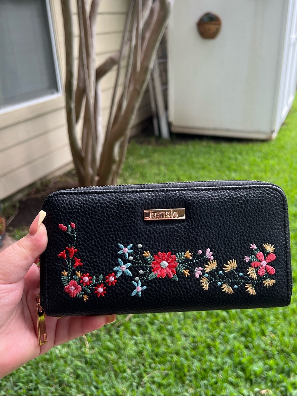 Kensie Black Zip-Around Wallet with Multicolor Floral Embroidery